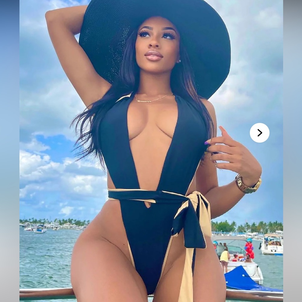 Fashion Nova Black and Cream One Piece Swimsuit